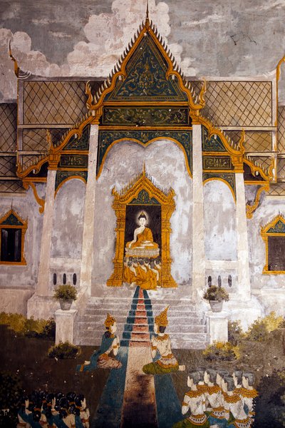 Fresko, das eine Szene aus dem Leben Buddhas in Wat Phra Doi Suthep, Chiang Mai, Thailand darstellt von Unknown